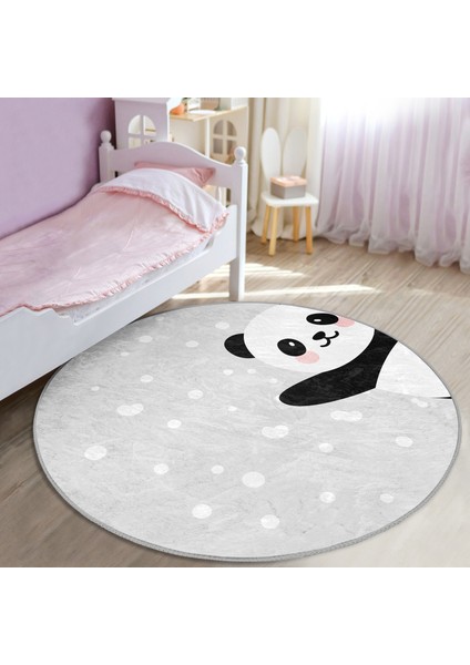 Gri Zeminde Panda Temalı Çocuk & Genç Odası Makinede Yıkanabilir Kaymaz Tabanlı Yuvarlak Çocuk Halısı fiyatları