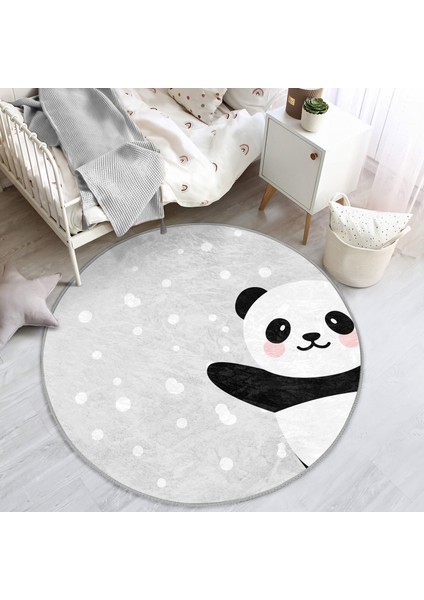 Gri Zeminde Panda Temalı Çocuk & Genç Odası Makinede Yıkanabilir Kaymaz Tabanlı Yuvarlak Çocuk Halısı indirimleri