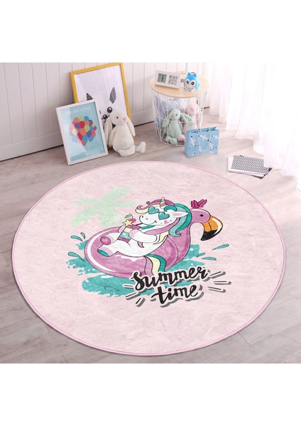 Pembe Zemin Tatil Temalı Unicorn Desenli Çocuk & Genç Odası Makinede Yıkanabilir Kaymaz Tabanlı Yuvarlak Çocuk Halısı modelleri