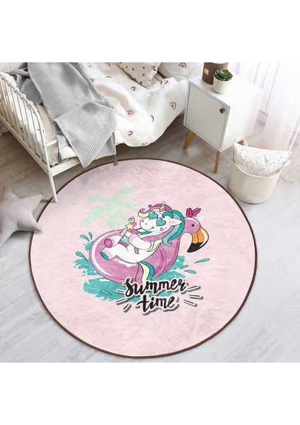 Pembe Zemin Tatil Temalı Unicorn Desenli Çocuk & Genç Odası Makinede Yıkanabilir Kaymaz Tabanlı Yuvarlak Çocuk Halısı indirimleri