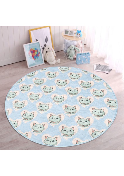 Mavi Zeminde Kedi Desenli Çocuk & Genç Odası Makinede Yıkanabilir Kaymaz Tabanlı Yuvarlak Çocuk Halısı modelleri
