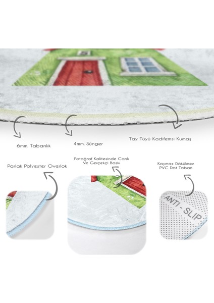 Minyatür Yeşil Ev Çizimli Çocuk & Genç Odası Makinede Yıkanabilir Kaymaz Tabanlı Yuvarlak Çocuk Halısı