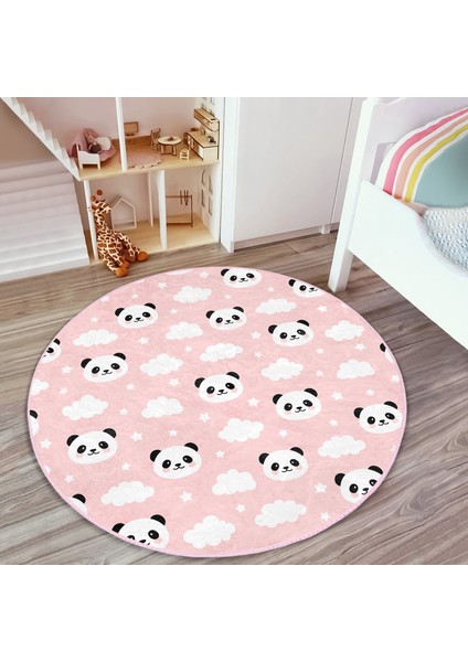 Pembe Zeminli Panda Resimli Çocuk & Genç Odası Makinede Yıkanabilir Kaymaz Tabanlı Yuvarlak Çocuk Halısı indirimleri