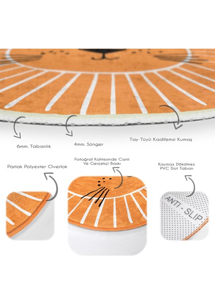 Turuncu Aslan Tasarımlı Çocuk & Genç Odası Makinede Yıkanabilir Kaymaz Tabanlı Yuvarlak Çocuk Halısı