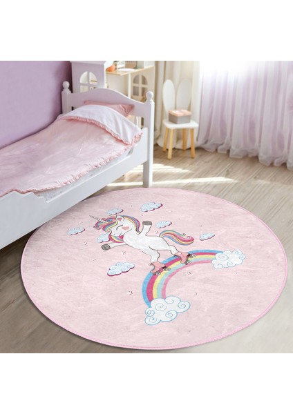 Pembe Zeminde Unicorn At Desenli Çocuk & Genç Odası Makinede Yıkanabilir Kaymaz Tabanlı Yuvarlak Çocuk Halısı fiyatları