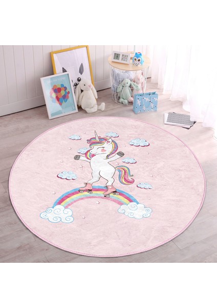 Pembe Zeminde Unicorn At Desenli Çocuk & Genç Odası Makinede Yıkanabilir Kaymaz Tabanlı Yuvarlak Çocuk Halısı modelleri