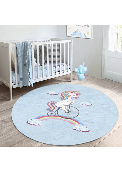 Mavi Zeminde Bisiklet ve Unicorn Tasarımlı Çocuk & Genç Odası Makinede Yıkanabilir Kaymaz Tabanlı Yuvarlak Çocuk Halısı
