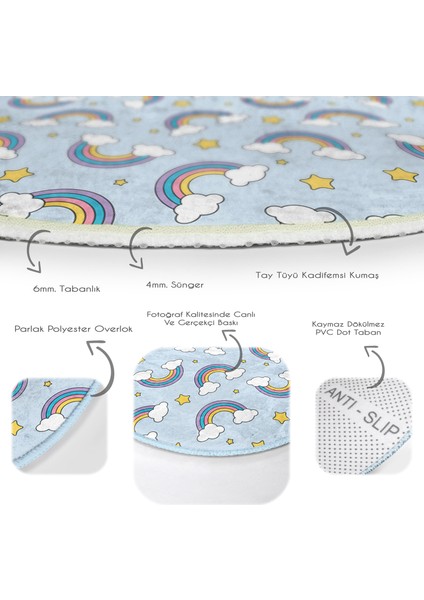 Mavi Zeminde Gökkuşağı Çocuk & Genç Odası Makinede Yıkanabilir Kaymaz Tabanlı Yuvarlak Çocuk Halısı
