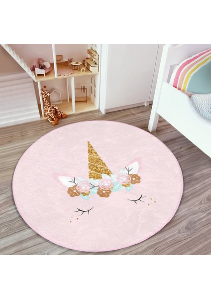 Pembe Zeminde Magic Unicorn Tasarımlı Çocuk & Genç Odası Makinede Yıkanabilir Kaymaz Tabanlı Yuvarlak Çocuk Halısı fiyatları