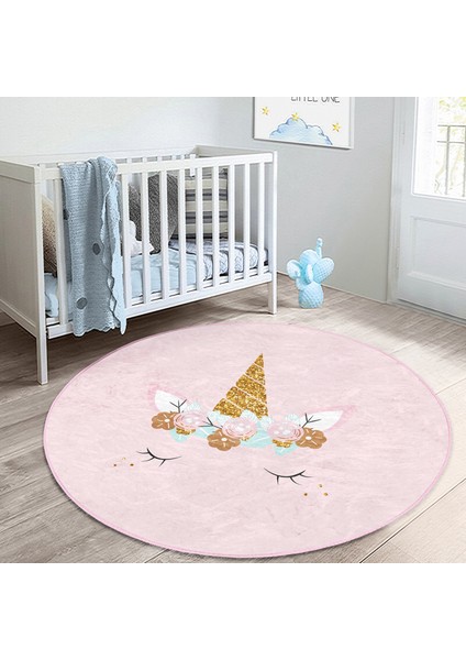 Pembe Zeminde Magic Unicorn Tasarımlı Çocuk & Genç Odası Makinede Yıkanabilir Kaymaz Tabanlı Yuvarlak Çocuk Halısı modelleri