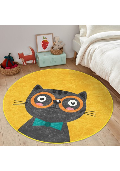 Renkli Kedi Çocuk & Genç Odası Makinede Yıkanabilir Kaymaz Tabanlı Yuvarlak Çocuk Halısı modelleri