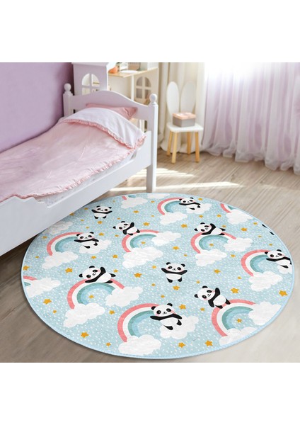 Mavi Zeminde Gökkuşağı Motifli Panda Çocuk & Genç Odası Makinede Yıkanabilir Kaymaz Tabanlı Yuvarlak Çocuk Halısı modelleri