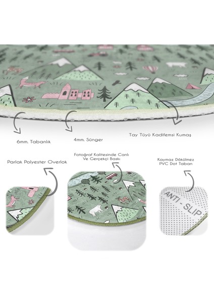 Orman ve Kasaba Motifli Çocuk & Genç Odası Makinede Yıkanabilir Kaymaz Tabanlı Yuvarlak Çocuk Halısı