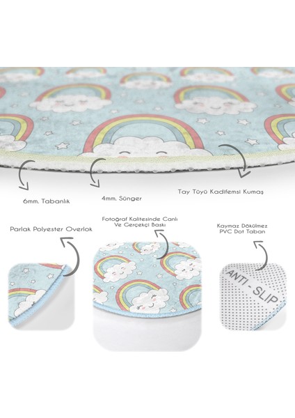 Sevimli Bulutlar ve Gökkuşağı Motifli Çocuk & Genç Odası Makinede Yıkanabilir Kaymaz Tabanlı Yuvarlak Çocuk Halısı