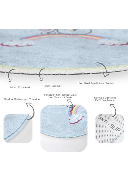 Mavi Zeminde Bisiklet ve Unicorn Tasarımlı Çocuk & Genç Odası Makinede Yıkanabilir Kaymaz Tabanlı Yuvarlak Çocuk Halısı