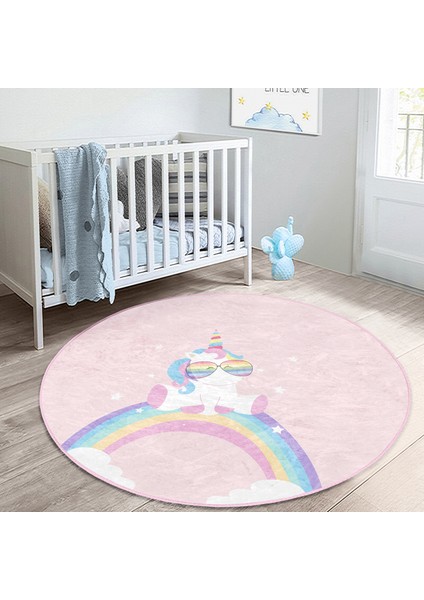 Pembe Zeminde Unicorn Tasarımlı Çocuk & Genç Odası Makinede Yıkanabilir Kaymaz Tabanlı Yuvarlak Çocuk Halısı indirimleri
