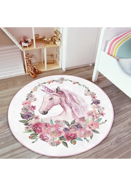 Unicorn ve Çiçek Desenli Tasarımlı Çocuk & Genç Odası Makinede Yıkanabilir Kaymaz Tabanlı Yuvarlak Çocuk Halısı fiyatları