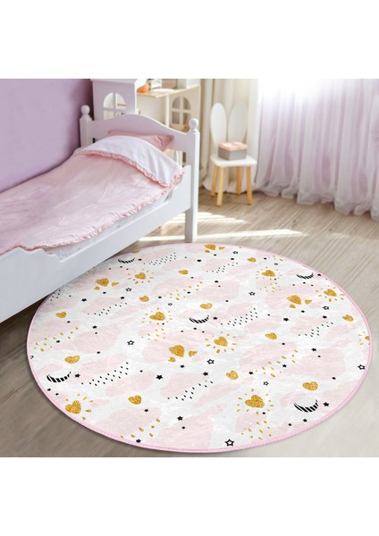 Pembe Bulut Desenli Altın Figürlü Çocuk & Genç Odası Makinede Yıkanabilir Kaymaz Tabanlı Yuvarlak Çocuk Halısı modelleri