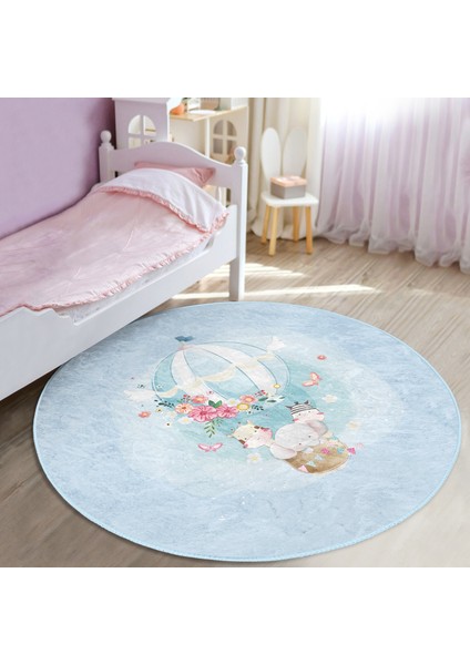 Mavi Zeminde Uçan Balon Desenli Çocuk & Genç Odası Makinede Yıkanabilir Kaymaz Tabanlı Yuvarlak Çocuk Halısı modelleri