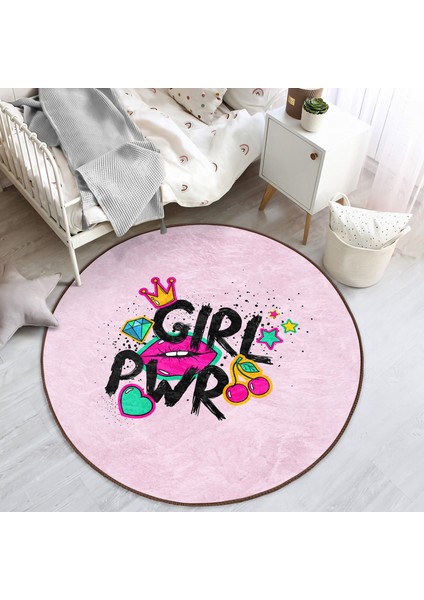 Dudak Girl Power Çocuk & Genç Odası Makinede Yıkanabilir Kaymaz Tabanlı Yuvarlak Çocuk Halısı