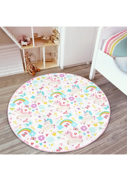 Sevimli Unicorn ve Gökkuşağı Desenli Çocuk & Genç Odası Makinede Yıkanabilir Kaymaz Tabanlı Yuvarlak Çocuk Halısı modelleri