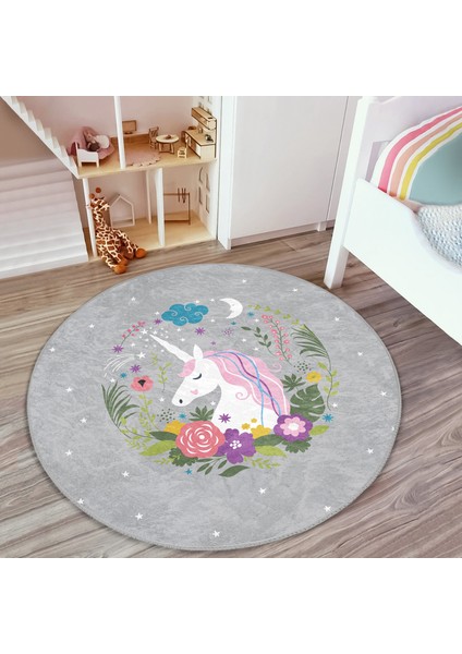 Gri Zeminde Unicorn At Desenli Çocuk & Genç Odası Makinede Yıkanabilir Kaymaz Tabanlı Yuvarlak Çocuk Halısı