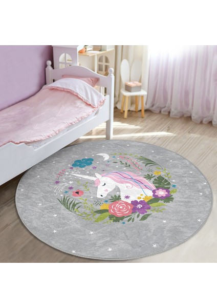 Gri Zeminde Unicorn At Desenli Çocuk & Genç Odası Makinede Yıkanabilir Kaymaz Tabanlı Yuvarlak Çocuk Halısı modelleri