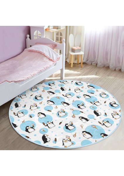 Dondurma Yiyen Penguen Motifli Çocuk & Genç Odası Makinede Yıkanabilir Kaymaz Tabanlı Yuvarlak Çocuk Halısı modelleri