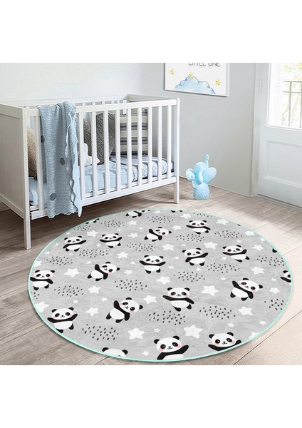Gri Zeminde Küçük Panda Çocuk & Genç Odası Makinede Yıkanabilir Kaymaz Tabanlı Yuvarlak Çocuk Halısı modelleri