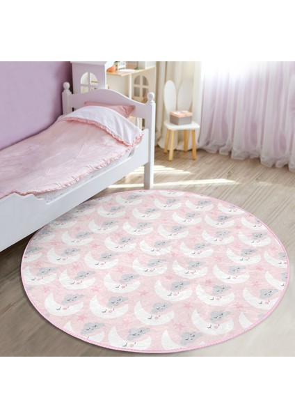 Pembe Zeminde Ay Figürlü Çocuk & Genç Odası Makinede Yıkanabilir Kaymaz Tabanlı Yuvarlak Çocuk Halısı modelleri