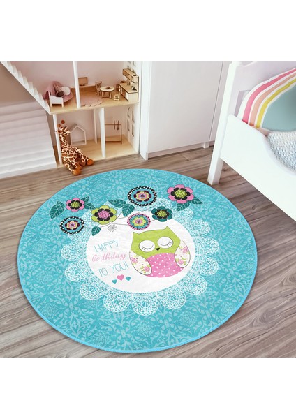 Baykuş Desenli Çocuk & Genç Odası Makinede Yıkanabilir Kaymaz Tabanlı Yuvarlak Çocuk Halısı