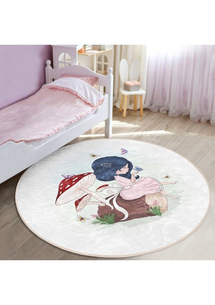 Fashion Girl Çocuk & Genç Odası Makinede Yıkanabilir Kaymaz Tabanlı Yuvarlak Çocuk Halısı