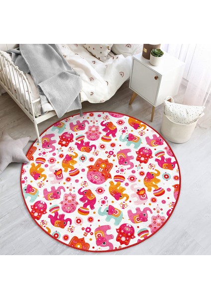 Pembe Fil Motifli Çocuk & Genç Odası Makinede Yıkanabilir Kaymaz Tabanlı Yuvarlak Çocuk Halısı fiyatları