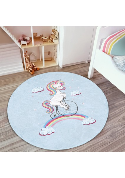 Mavi Zeminde Bisiklet ve Unicorn Tasarımlı Çocuk & Genç Odası Makinede Yıkanabilir Kaymaz Tabanlı Yuvarlak Çocuk Halısı modelleri