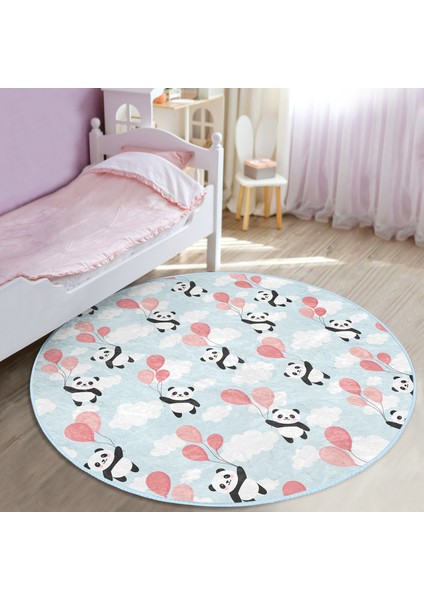 Balonlu Panda Tasarımlı Çocuk & Genç Odası Makinede Yıkanabilir Kaymaz Tabanlı Yuvarlak Çocuk Halısı modelleri