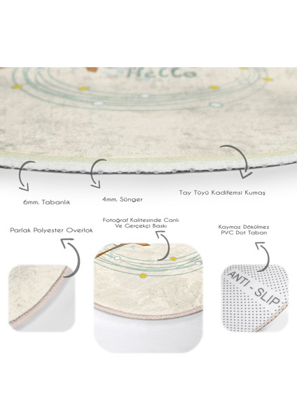 Baykuş Desenli Çocuk & Genç Odası Makinede Yıkanabilir Kaymaz Tabanlı Yuvarlak Çocuk Halısı
