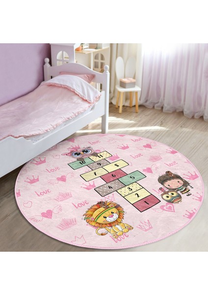 Pembe Temalı Sevimli Seksek Tasarımlı Çocuk & Genç Odası Makinede Yıkanabilir Kaymaz Tabanlı Yuvarlak Çocuk Oyun Halısı