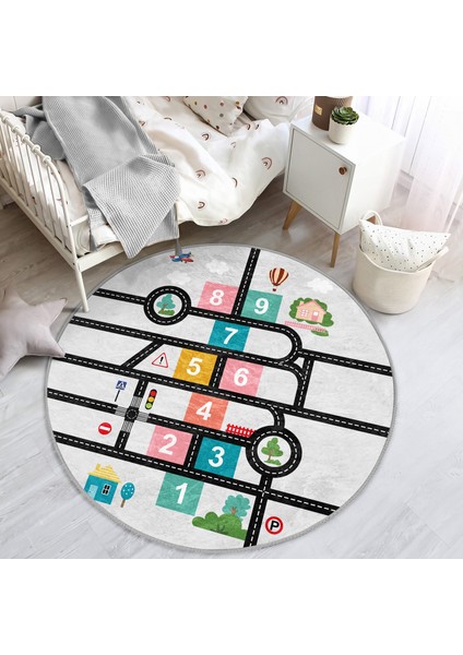 Eğitici Trafik Yolu Seksek Motifli Çocuk & Genç Odası Makinede Yıkanabilir Kaymaz Tabanlı Yuvarlak Çocuk Oyun Halısı