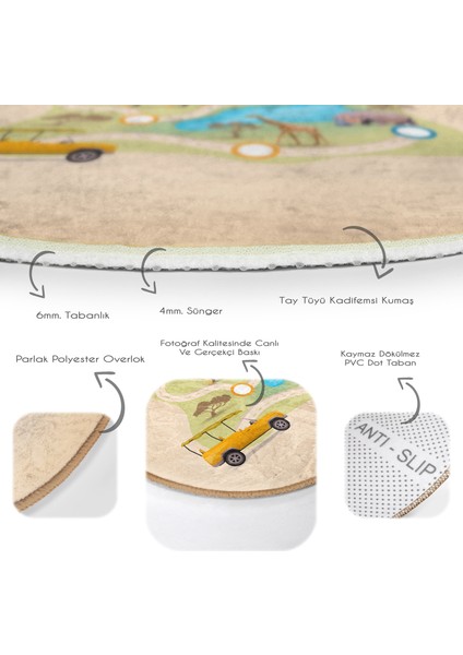 Safari Haritası Hayvanlar Tasarımlı Çocuk & Genç Odası Makinede Yıkanabilir Kaymaz Tabanlı Yuvarlak Çocuk Oyun Halısı