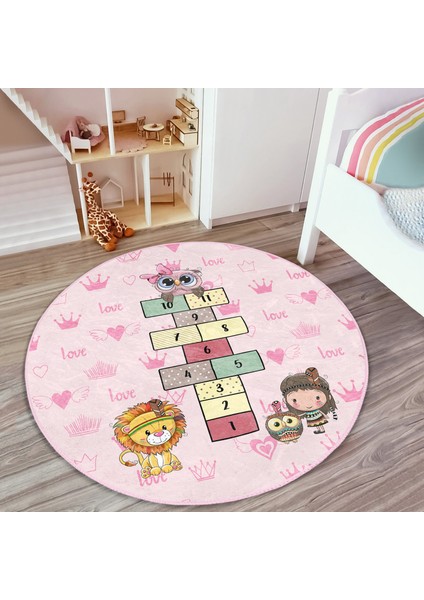 Pembe Temalı Sevimli Seksek Tasarımlı Çocuk & Genç Odası Makinede Yıkanabilir Kaymaz Tabanlı Yuvarlak Çocuk Oyun Halısı
