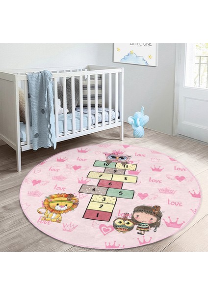 Pembe Temalı Sevimli Seksek Tasarımlı Çocuk & Genç Odası Makinede Yıkanabilir Kaymaz Tabanlı Yuvarlak Çocuk Oyun Halısı fiyatları