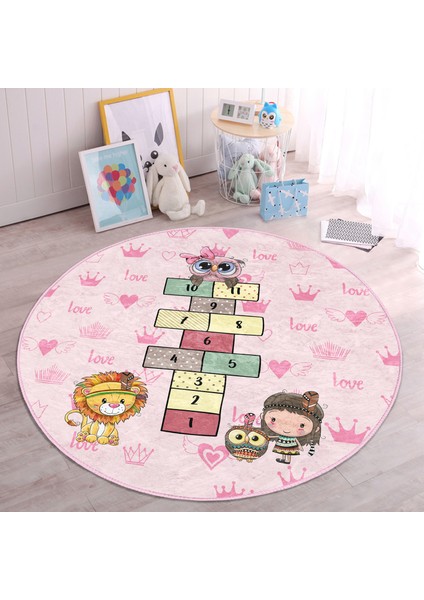 Pembe Temalı Sevimli Seksek Tasarımlı Çocuk & Genç Odası Makinede Yıkanabilir Kaymaz Tabanlı Yuvarlak Çocuk Oyun Halısı indirimleri