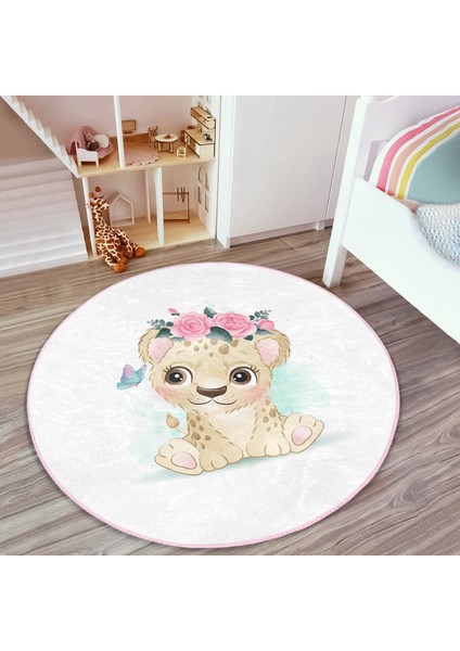 Sevimli Bebek Aslan Çocuk & Genç Odası Makinede Yıkanabilir Kaymaz Tabanlı Yuvarlak Çocuk Halısı