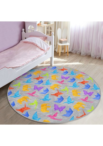 Gri Zeminli Origami Sanatı Çocuk & Genç Odası Makinede Yıkanabilir Kaymaz Tabanlı Yuvarlak Çocuk Halısı fiyatları