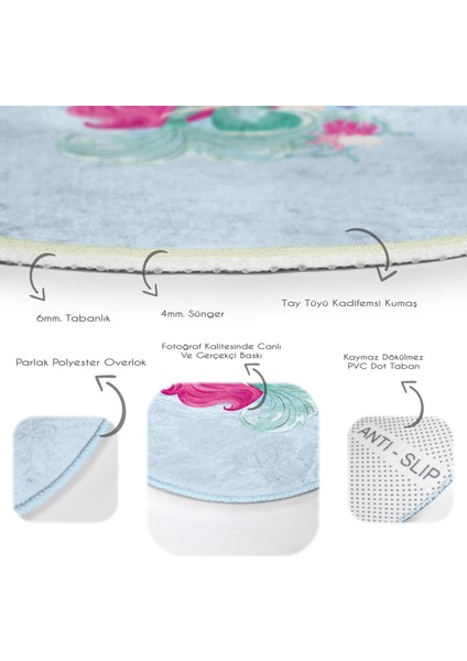 Mavi Zeminde Denizkızı Tasarımlı Çocuk & Genç Odası Makinede Yıkanabilir Kaymaz Tabanlı Yuvarlak Çocuk Halısı