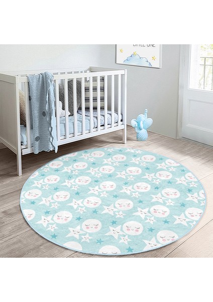 Ay ve Yıldız Motifli Uyku Temalı Çocuk & Genç Odası Makinede Yıkanabilir Kaymaz Tabanlı Yuvarlak Çocuk Halısı