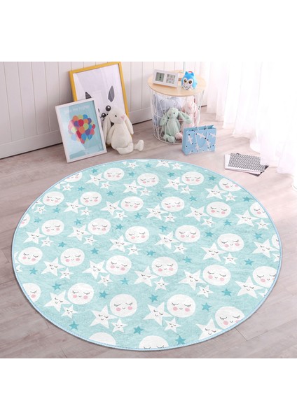 Ay ve Yıldız Motifli Uyku Temalı Çocuk & Genç Odası Makinede Yıkanabilir Kaymaz Tabanlı Yuvarlak Çocuk Halısı modelleri