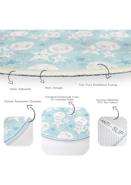 Ay ve Yıldız Motifli Uyku Temalı Çocuk & Genç Odası Makinede Yıkanabilir Kaymaz Tabanlı Yuvarlak Çocuk Halısı fırsatları