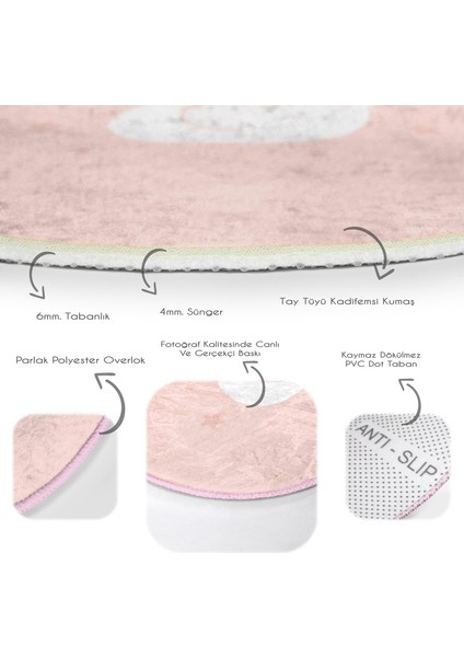 Pembe Zeminli Kuğu Desenli Çocuk & Genç Odası Makinede Yıkanabilir Kaymaz Tabanlı Yuvarlak Çocuk Halısı
