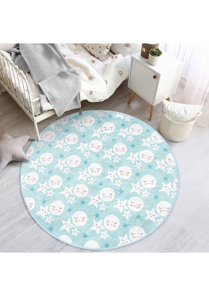 Ay ve Yıldız Motifli Uyku Temalı Çocuk & Genç Odası Makinede Yıkanabilir Kaymaz Tabanlı Yuvarlak Çocuk Halısı indirimleri